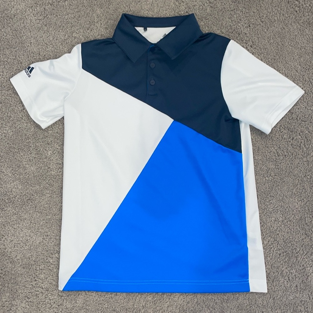 Boys Adidas Golf Formal Collard Button Shirt Golf Wedding Blue and White Shirt